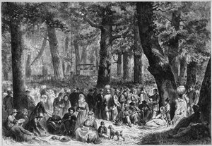 Protestantischer Brauch: das „zendingsfeest“ oder Missionsfest in Holland. Pilger essen während der Rede des Predigers. Gravur in „Le Monde Illustré“ Nr. 853 vom 16. August 1873. von French School