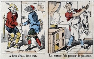 Sprichwörter in Bildern von Epinal: „Eine gute Katze, gute Ratte“ und „Die Soße passiert den Fisch“ - Bild von Epinal, n.d.