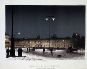Öffentliche Beleuchtung mit elektrischem Licht auf dem Place du Carrousel in Paris 1883 - in „Magnetismus und Elektrizität“ von Amedee Guillemin von French School