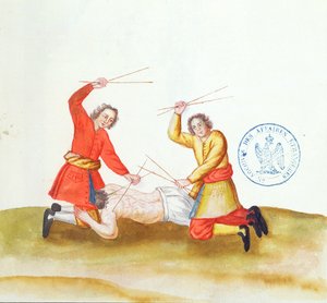 Bestrafung mit Stöcken, aus Voyage en Russie, 1731