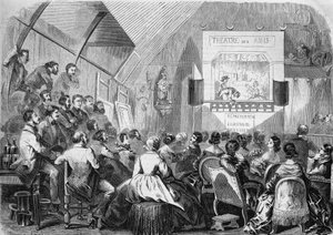 Puppentheater im Jahr 1858. Darstellung in der Werkstatt von Maurice Sand (1823-1889), 12 rue Boursault in Paris