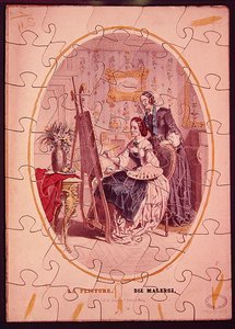 Puzzleteile, die eine Frau beim Malen an einer Staffelei darstellen, ca. 1840-50