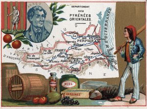 Pyrenees Orientales (66), Languedoc-Roussillon, Frankreich. Porträt von Dominique Francois Jean Arago (1786-1853). Lokale Spezialität: Honig und Sardinen. Serie über die französischen Departements. Chromolithographie „der geografische Faden“