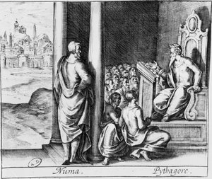 Pythagoras (ca. 570-480 v. Chr.) unterrichtet eine Klasse von Schülern, Illustration aus Ovids Metamorphosen von French School