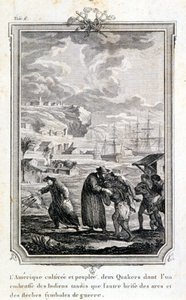Quäker-Missionare versuchen, die Indianer Amerikas zu evangelisieren - Gravur von French School