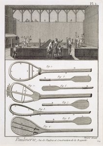 Real Tennis und der Bau von Schlägern, aus der Enzyklopädie von Denis Diderot, graviert von Robert Benard, veröffentlicht ca. 1770 von French School