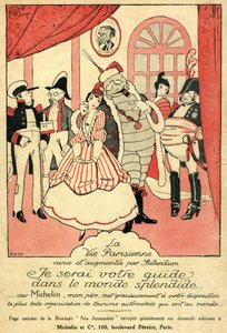 Erinnerung 1914 für den Michelin-Reifen. La Vie Parisienne überarbeitet und ergänzt von Bibendum: „Ich werde Ihr Führer in der prächtigen Welt sein, denn Michelin, mein Vater, bietet Ihnen die schönste Autotourismusorganisation der Welt“. An der Wand ein R