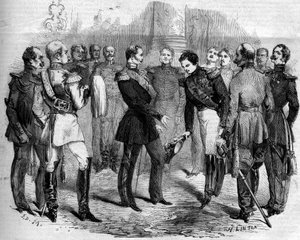 Empfang des französischen Kaisers Napoleon III. (1808-1873) durch den russischen Zaren Alexander II. (1818-1881) in Warschau (Polen)