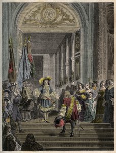 Empfang des Grand Conde in Versailles durch Ludwig XIV. - Treppe der Botschafter - Empfang des Grand Conde (Louis II. von Bourbon Conde) durch den König von Frankreich Ludwig XIV. in Versailles im Jahr 1674. Gravur in „PATRIE“ - DESCRIPTION PICTURERIQUE