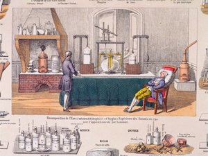 Rekomposition von Wasser aus Wasserstoff und Sauerstoff: Antoine Laurent de Lavoisier (1743-94) experimentiert mit der Atmung eines ruhenden Mannes, Illustration aus einer Lehrtafel, ca. 1860 von French School