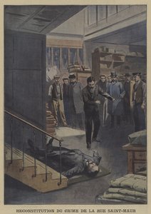 Rekonstruktion eines Mordes in der Rue Saint-Maur, Paris (Farblithografie)
