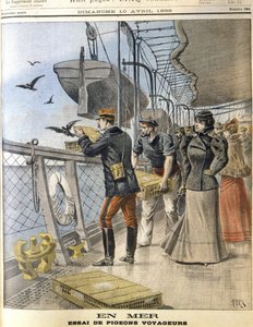 Freilassung französischer Armeebrieftauben an Bord des transatlantischen Liners La Bretagne zwischen Le Havre und New York