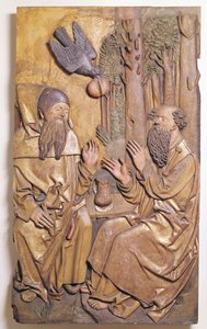 Relief, das St. Antonius zeigt, wie er St. Paul in der Wüste besucht, aus der Kapelle des alten Krankenhauses in Colmar von French School
