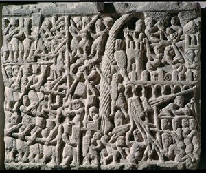 Relief, das die Belagerung von Carcassonne durch Simon de Montfort im Jahr 1209 darstellt