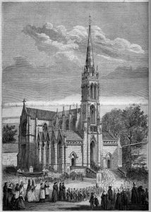Religiöse Architektur: Gesamtansicht der Kirche von Monfort le Retrou (heute Montfort le Gesnois in der Sarthe (72), am Tag ihrer Einweihung 1858. Nach einer Skizze von Herrn Moulin. Gravur in „Le Monde Illustré“ Nr. 77 vom 2. Oktober 1858. von French School