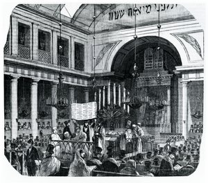 Religiöse Zeremonie in der alten Pariser Synagoge für Rosch Haschana, Illustration aus Le Tableau de Paris von Edmond Texier, veröffentlicht in Paris, 1852 von French School
