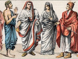 Religiöse Kostüme in der Antike: von links nach rechts Porträt eines griechischen Priesters, eines Opferritualministers, eines Pontifex Maximus im antiken Rom, einer Vestalin, einer Priesterin des antiken Rom und eines Flamen