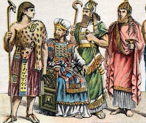 Religiöse Kostüme in der Antike: Porträt eines ägyptischen Hohepriesters, eines hebräischen Hohepriesters, eines assyrischen Königs in Amtstracht und eines phönizischen Priesters, Gravur von French School