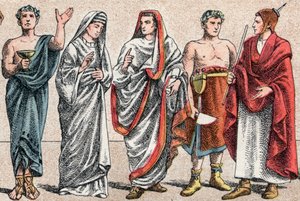 Religiöse Kostüme in der Antike: Porträt eines griechischen Priesters, Opferdiener, einer Vestalin, Priesterin des antiken Rom und eines Großen Pontifex im antiken Rom (Pontifex maximus), eines Popa und eines Flamino (Flamen) römischer Priester, der dem Ku