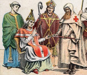 Religiöse Kostüme im Mittelalter: von links nach rechts ein Priester des 10. Jahrhunderts, ein Papst im 11. Jahrhundert, ein Bischof im 12. Jahrhundert und ein Mitglied des Ordens der Hospitaliter