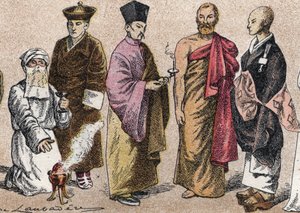Religiöse Kostüme Asiens: Porträt eines Parsi-Priesters, Lama, chinesischer buddhistischer Priester, Ceylon-Bonze und japanischer buddhistischer Priester