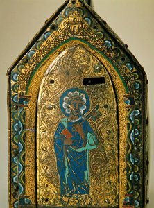 Reliquienschrein mit Szenen aus dem Leben der hl. Valeria, Limoges, ca. 1175 (Holz, Kupfer & Cloisonné-Email, graviert & vergoldet) von French School
