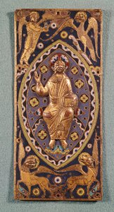 Reliquienplakette, die Christus mit den Symbolen der Evangelisten darstellt (emailliertes Kupfer)