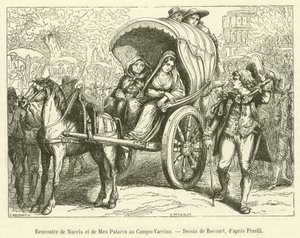 Begegnung von Nuccia und Meo Patacca auf dem Campo-Vaccino (Gravur) von French School