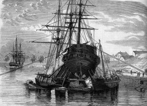 Reparatur eines Schiffes (des Dampfers „Vera Cruz“): Wir heben das Heck an, um die Schraube freizulegen. 1863. Gravur in „Le Monde Illustré“ Nr. 320 vom 30. Mai 1863 von French School