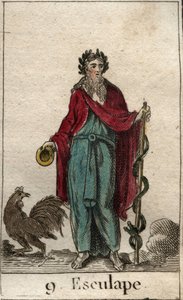 Darstellung von Asklepios, Gott der Medizin, er hält einen Stab des Asklepios (Laubabwerfend), einen Pilgerstab, um den sich eine Schlange windet, Symbol des Wissens. (Der Gott der Medizin, Asklepios, hält einen Stab des Asklepios)