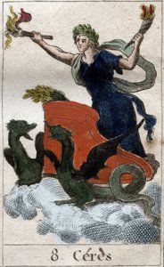 Darstellung von Ceres auf ihrem Wagen, Göttin der Landwirtschaft, Ernte und Fruchtbarkeit. Aus „Mythologie de la jeunesse“ von Pierre Blanchard 1803.