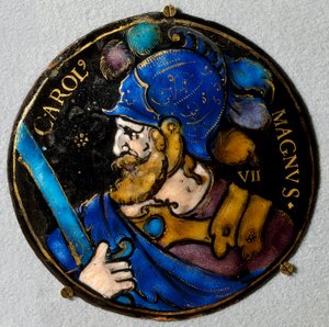 Darstellung von Karl dem Großen (742-814), König von Frankreich. Medaillon in Emaille aus Limoges aus dem 16. Jahrhundert. Ecouen, Nationales Renaissancemuseum