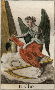 Darstellung von Clio, Muse der Geschichte, als junges Mädchen mit Lorbeerkranz, das eine Papyrusrolle hält, um historische Fakten aufzuzeichnen. Aus „Mythologie der Jugend“ von French School