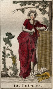 Darstellung von Euterpe, Muse der Musik, umgeben von Musikbüchern und spielend auf einer Doppelflöte (Aulos). Aus „Mythologie der Jugend“ von Pierre Blanchard 1803 von French School
