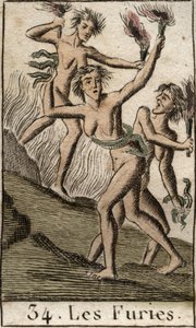 Darstellung der Furien, Tisiphone, Megäre und Alecto, als ausgemergelte Frauen. Aus „Mythologie der Jugend“ von Pierre Blanchard 1803. von French School