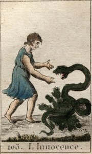 Darstellung der Unschuld als Kind, das eine gefährliche Schlange füttert. Aus „Mythologie der Jugend“ von Pierre Blanchard 1803
