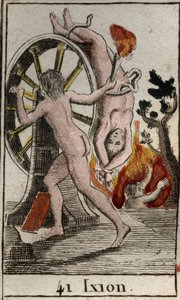 Darstellung von Ixion, bestraft von den Göttern, er ist dazu verurteilt, an ein brennendes Rad gekettet zu sein, das sich endlos dreht. Aus „Mythologie der Jugend“ von Pierre Blanchard 1803.