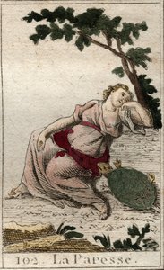 Darstellung der Faulheit, Tochter der Nacht und des Schlafes, als junger Mann mit einer Schildkröte. Aus „Mythologie der Jugend“ von Pierre Blanchard 1803