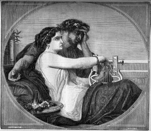 Darstellung von Lesbie (Lesbia) und Catull (87 - 54 v. Chr.) lateinischer Dichter: Der Dichter widmete viele Gedichte der jungen Prostituierten, in die er verliebt war. Gravur in „Die Geschichte der Prostitution und Ausschweifung unter allen Völkern der We von French School
