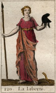 Darstellung der Freiheit als Frau mit einer phrygischen Mütze und einem Spaten. Aus „Mythologie de la jeunesse“ von Pierre Blanchard 1803. von French School