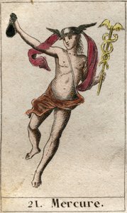 Darstellung von Merkur, Gott des Handels, der Reisen und Bote der anderen Götter. Er hält einen Hermesstab und trägt einen Petasos. Aus „Mythologie der Jugend“ von Pierre Blanchard 1803. von French School