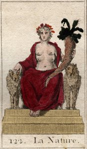 Darstellung der Natur als Frau auf einem Thron mit einem Füllhorn und vielen Brüsten, um alle Wesen zu ernähren. Aus „Mythologie der Jugend“ von Pierre Blanchard 1803