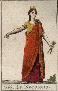 Darstellung der Notwendigkeit als unbeugsame Frau, Tochter des Schicksals, mit bronzenen Händen. Aus „Mythologie der Jugend“ von Pierre Blanchard 1803