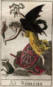 Darstellung von Nemesis, Göttin der Rache, dargestellt als geflügelte Frau, die eine Fackel und Schlangen hält. Aus „Mythologie der Jugend“ von Pierre Blanchard 1803