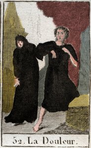 Darstellung des Schmerzes, personifiziert als Frau in Schwarz, die sich in der Dunkelheit bewegt und mit einem Dolch bewaffnet ist. Aus „Mythologie der Jugend“ von Pierre Blanchard 1803. von French School