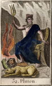 Darstellung von Pluto, Gott der Unterwelt, zu seinen Füßen Cerberus, der dreiköpfige Hund, Wächter der Unterwelt. Aus „Mythologie der Jugend“ von Pierre Blanchard 1803. von French School