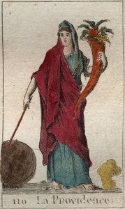 Darstellung der Vorsehung, als alte Frau, die ein Füllhorn, einen Stock und einen Globus hält. Aus „Mythologie de la jeunesse“ von Pierre Blanchard 1803.
