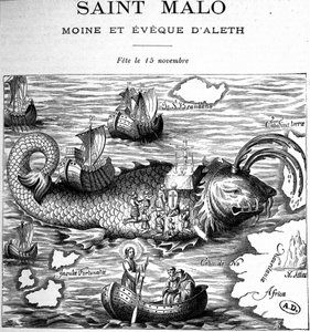 Darstellung von Saint Malo (Saint Maclou) auf dem Rücken eines Wals, dargestellt nach der Art von Saint Brendan (Brandan) von Clonfert oder Breanainn von Clonfert (ca. 484-577/578) - Stich