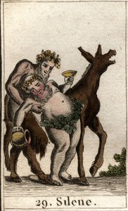 Darstellung von Silenus, dem Gefährten des Bacchus, betrunken, gestützt von einem Satyr. Aus „Mythologie der Jugend“ von Pierre Blanchard 1803