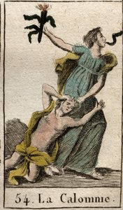 Darstellung der Verleumdung, die ihre Mutter, den Neid, an den Haaren zieht, eine Schlange kommt aus ihrem Mund. Aus „Mythologie der Jugend“ von Pierre Blanchard 1803.